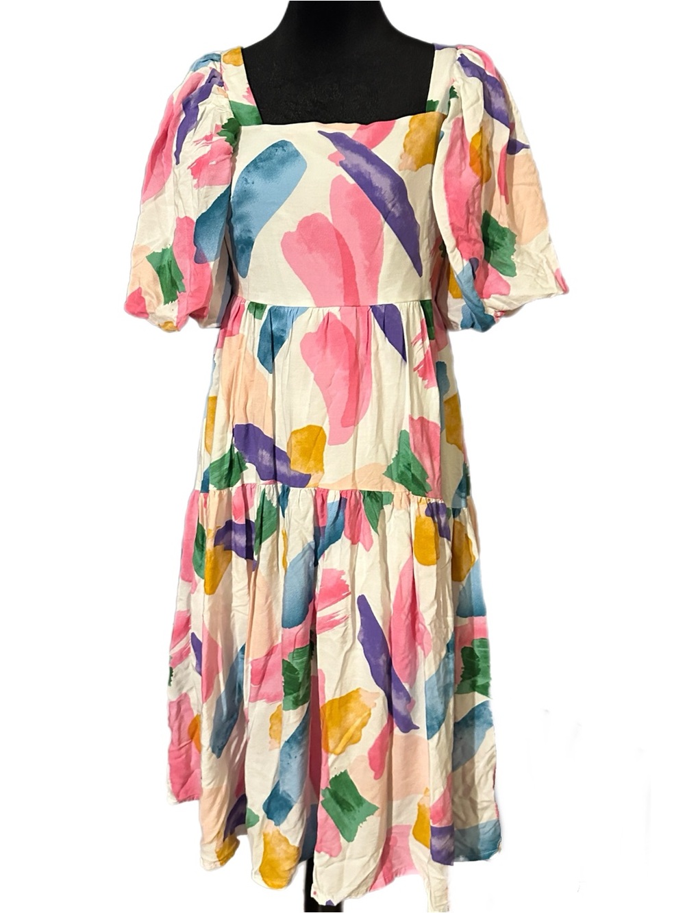entro Cream Midi Dress with Pink, Blue, Green & Yellow Abstract Print